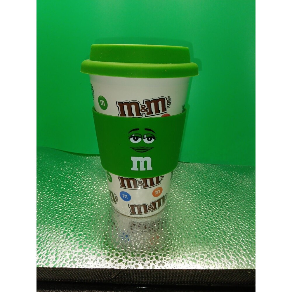 M&M’s Green M&M Ceramic 12 OZ Coffee Travel Mug Tumbler Cup & Silicon Wrap & Lid
